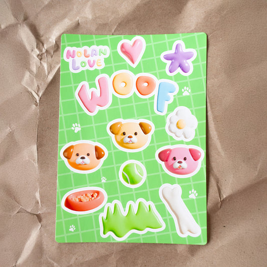 Sticker sheet with dog-themed designs on a green background, featuring the brand 'Nolan Love'.