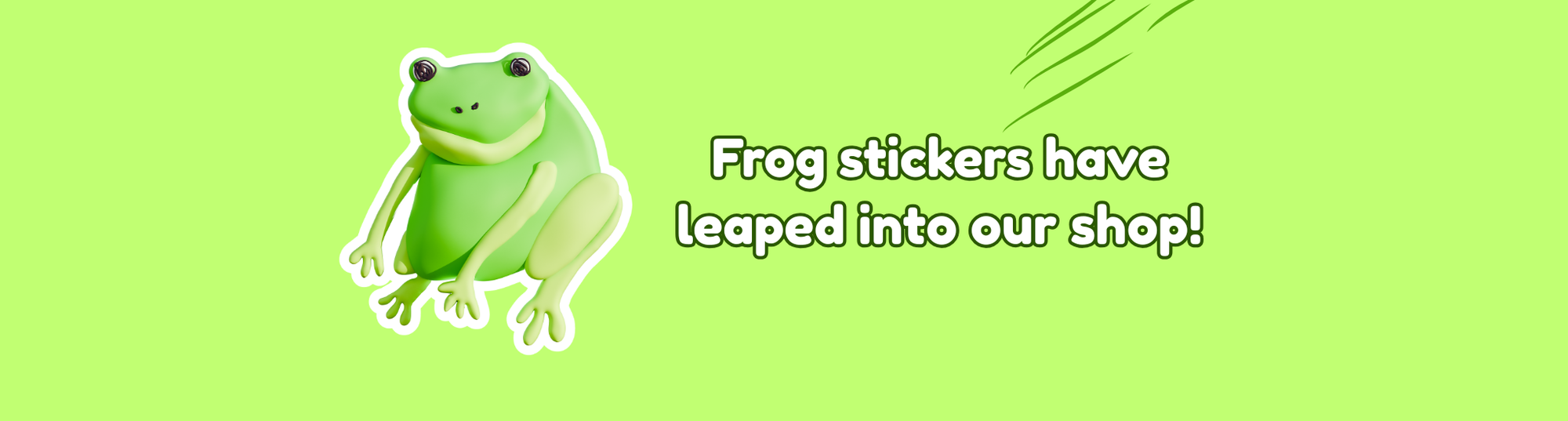 Green frog sticker on a green background with text about frog stickers in a shop.