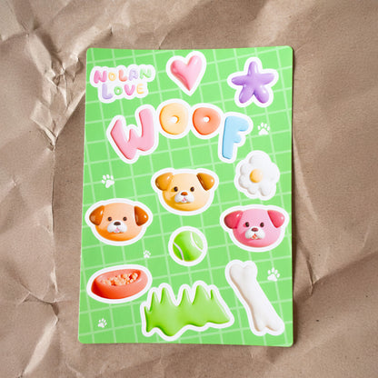 Sticker sheet with dog-themed designs on a green background, featuring the brand 'Nolan Love'.