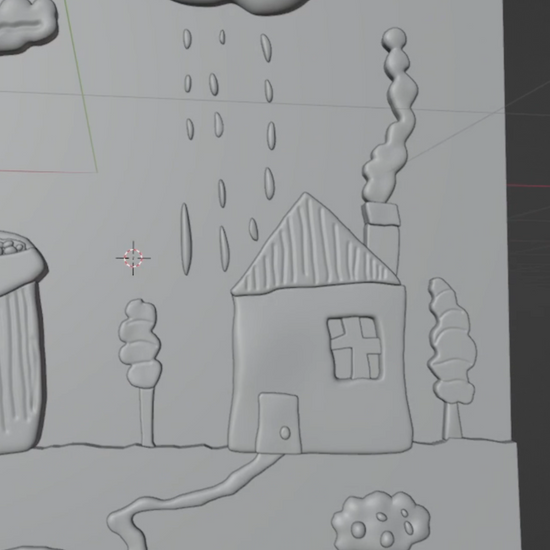 A behind the scenes video of the making of a colorful 3D giclée art print with a house, flower, and rain cloud on a white background.