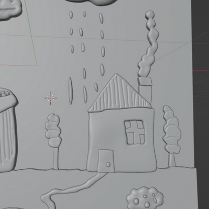 A behind the scenes video of the making of a colorful 3D giclée art print with a house, flower, and rain cloud on a white background.