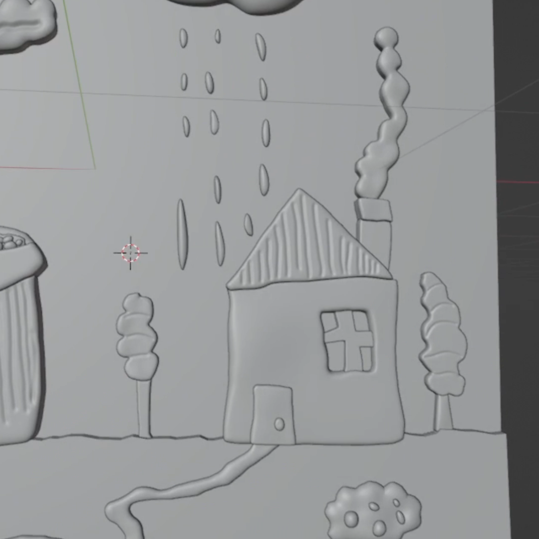 A behind the scenes video of the making of a colorful 3D giclée art print with a house, flower, and rain cloud on a white background.